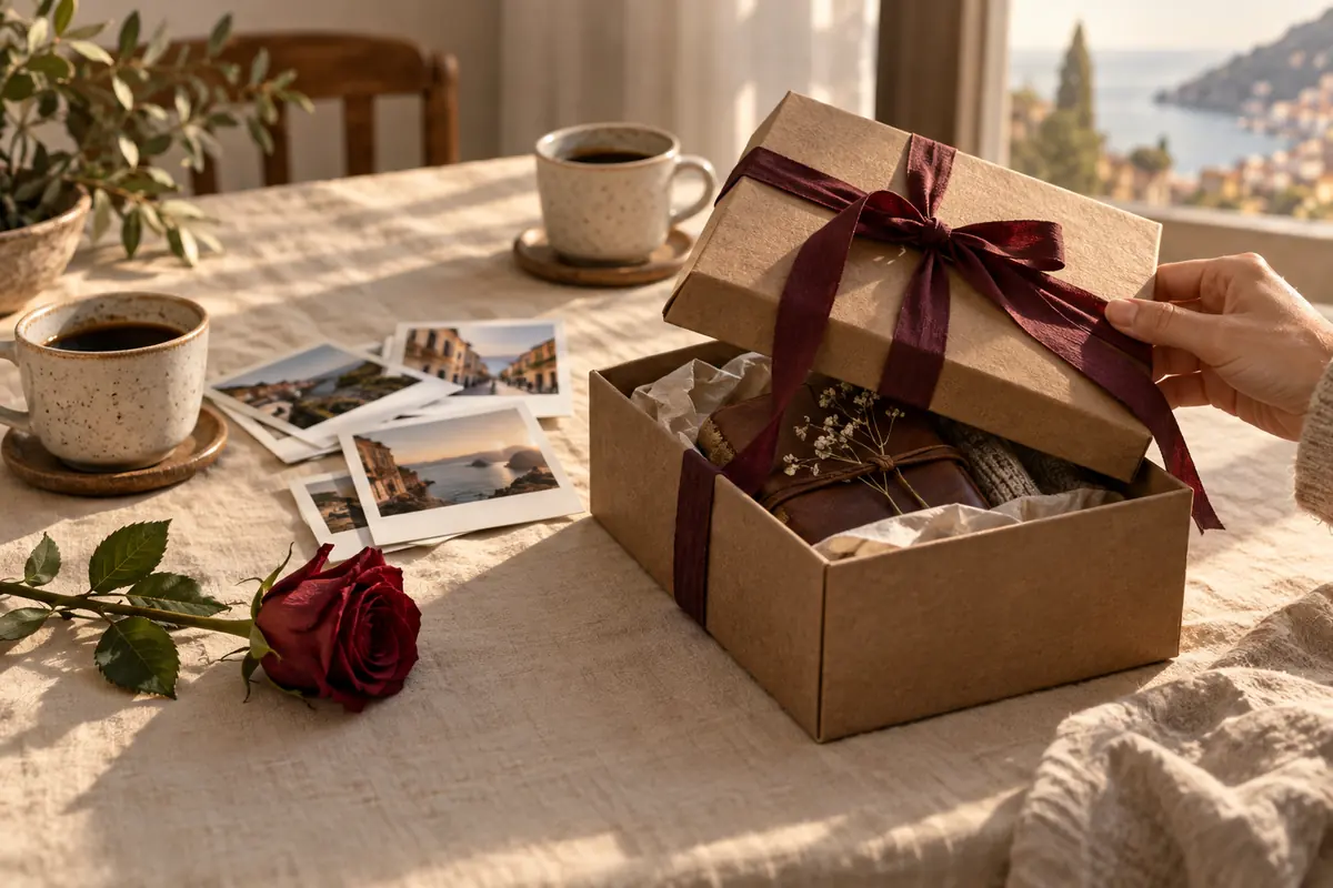 Un regalo preparado junto a recuerdos y dos tazas de café.